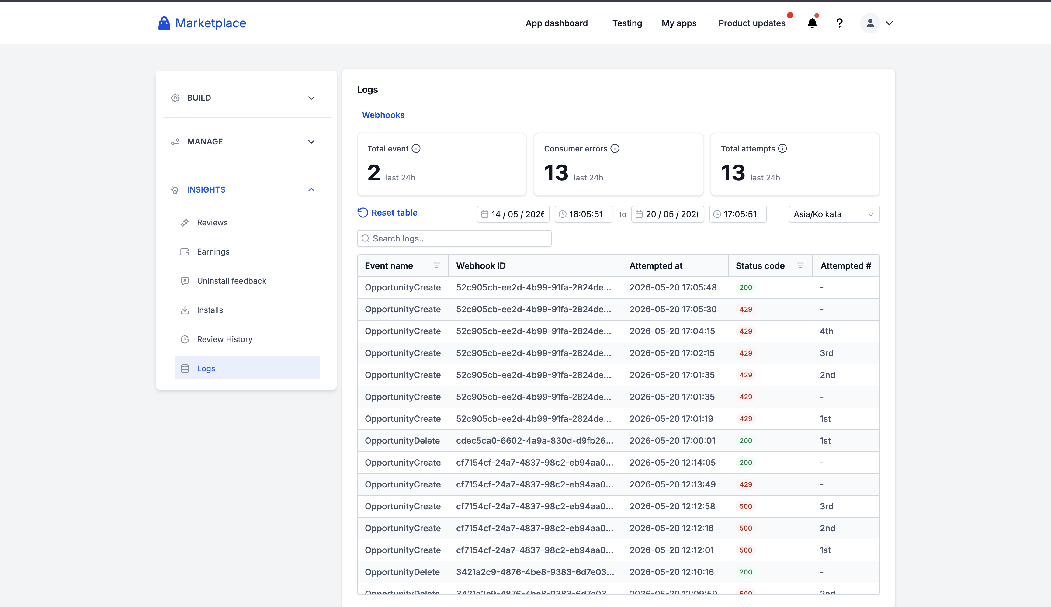 Webhook Logs Dashboard