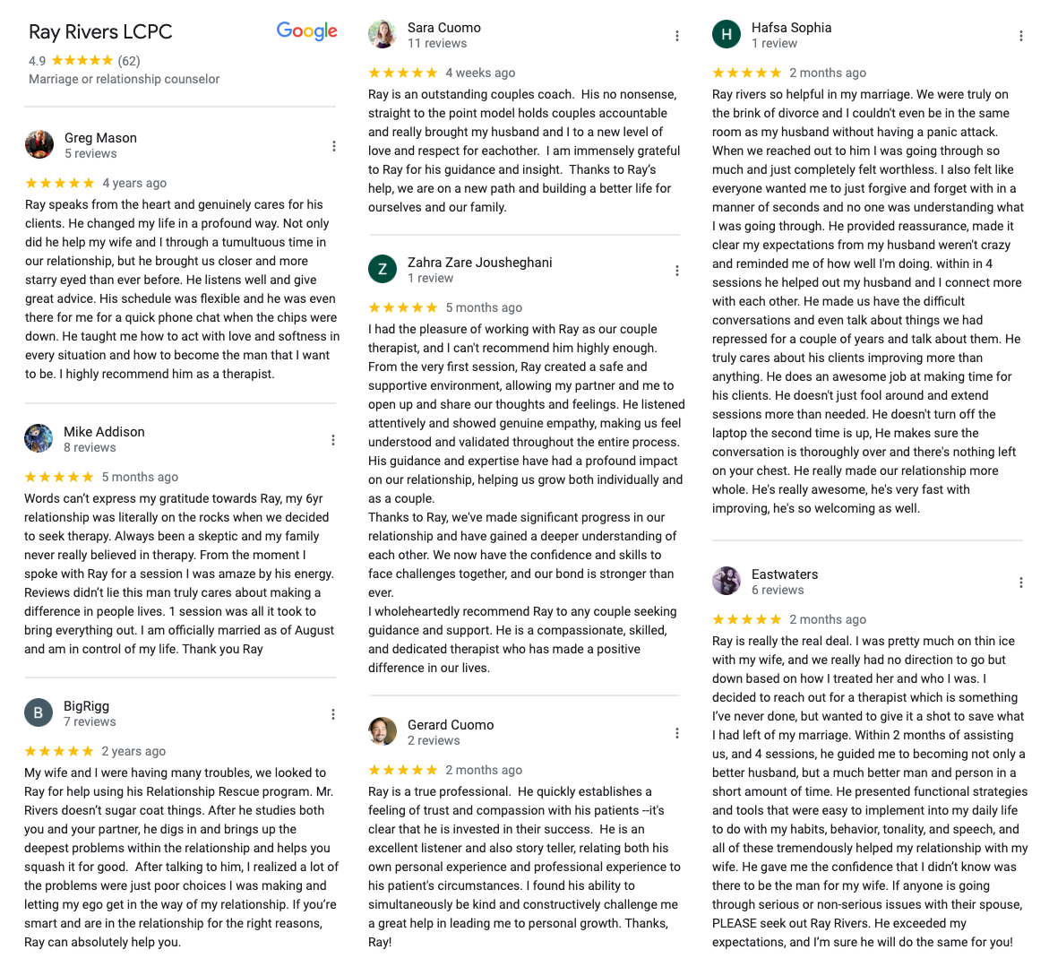 Ray Rivers, LCPC - Google Reviews: 4.9 stars based upon 62 reviews