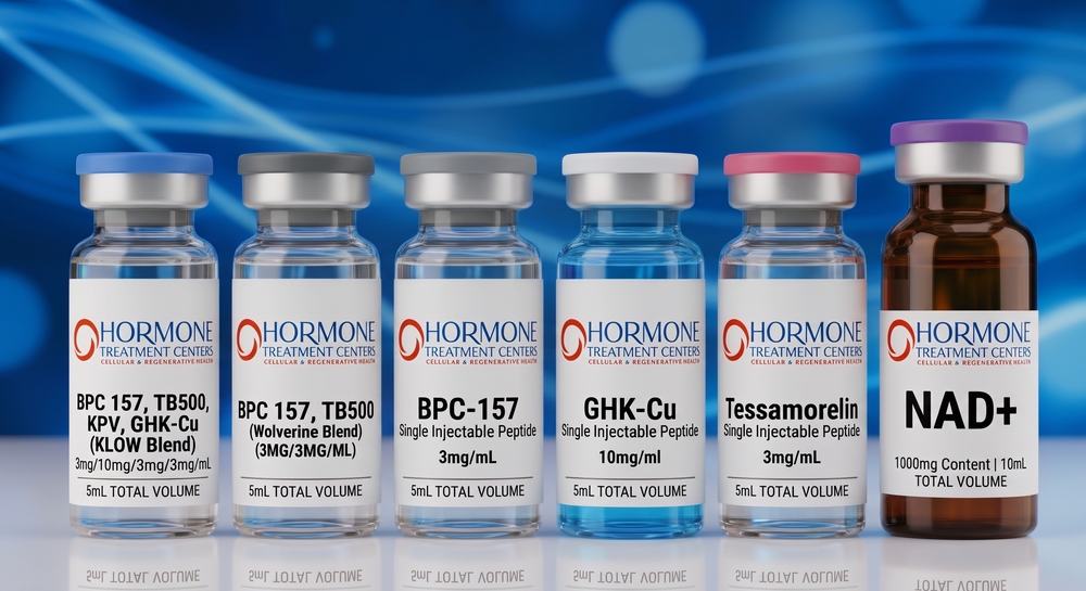 Peptide vials, including BPC-157, GHK-Cu, and NAD+