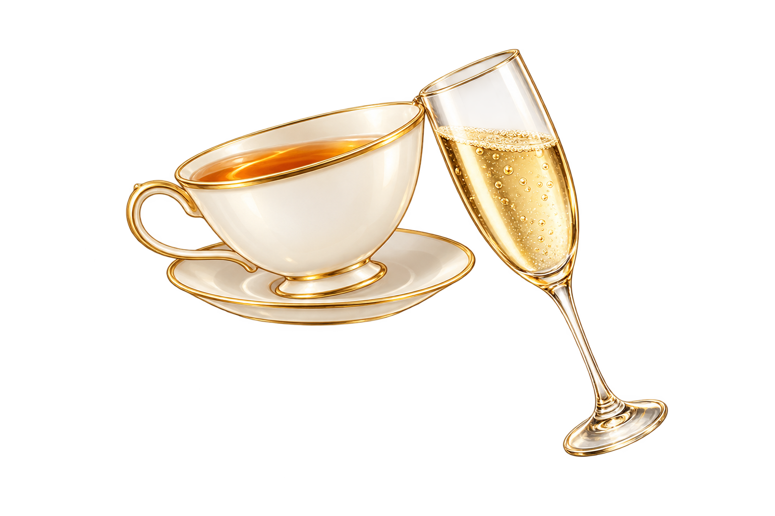 A teacup and champagne flute toasting