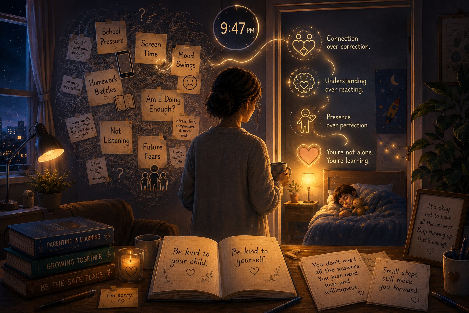 Parent standing in the doorway at night