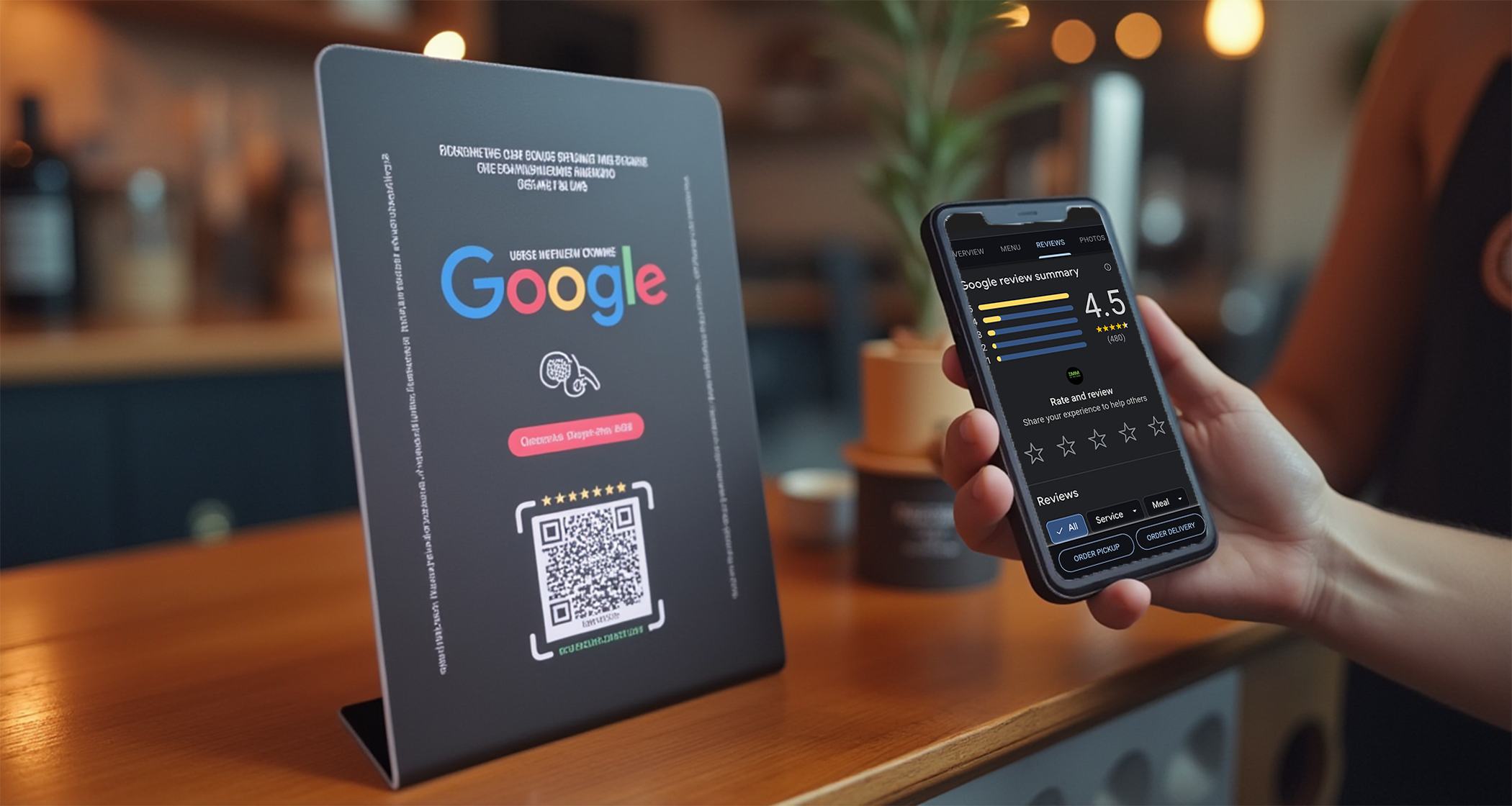 Customer tapping or scanning a Google review QR/NFC card