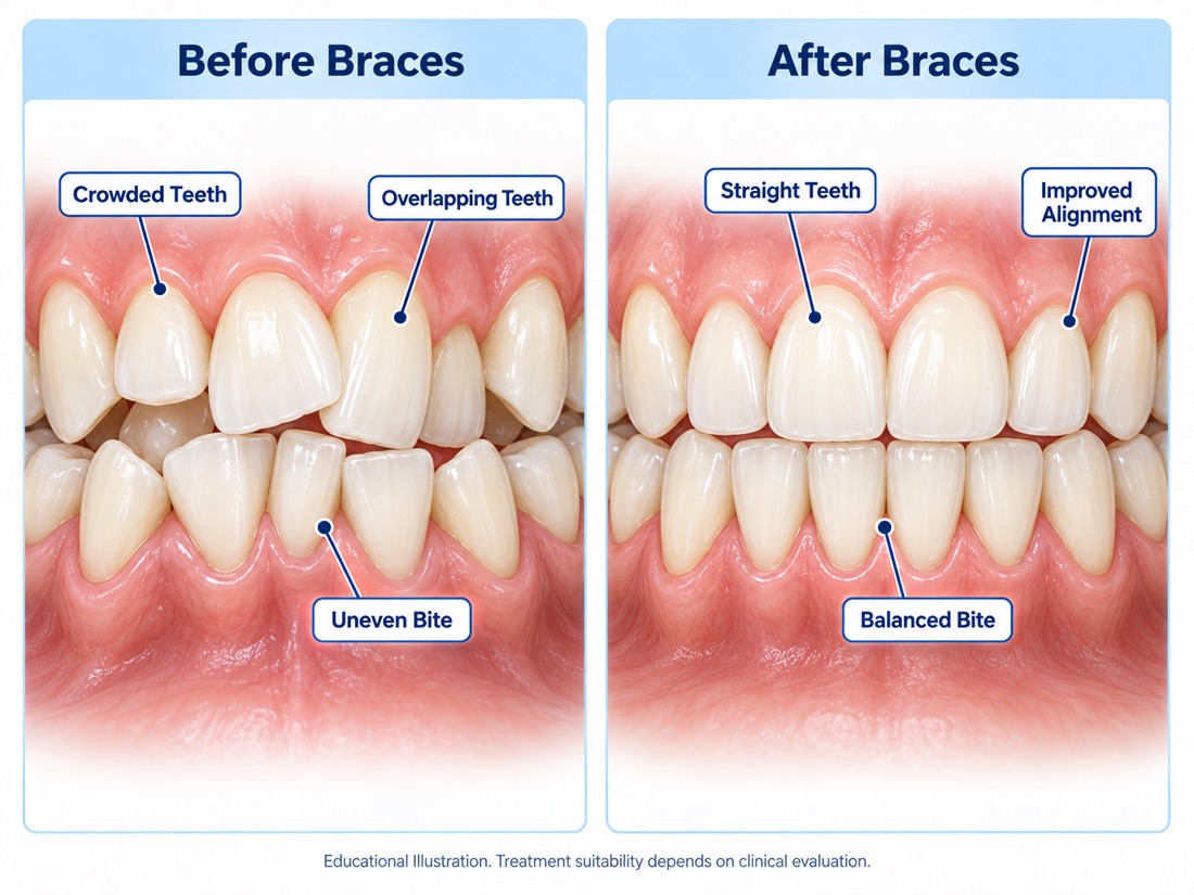 Illustration: teeth before and after braces