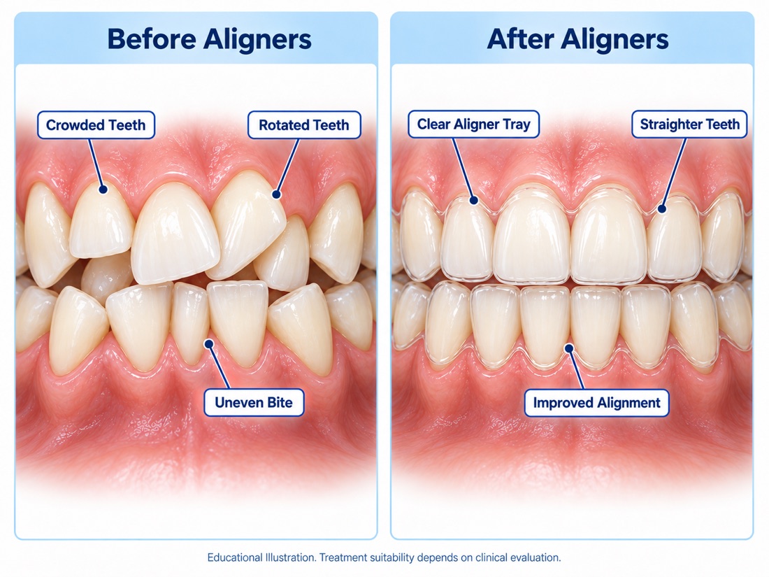 Illustration: teeth before and after clear aligners