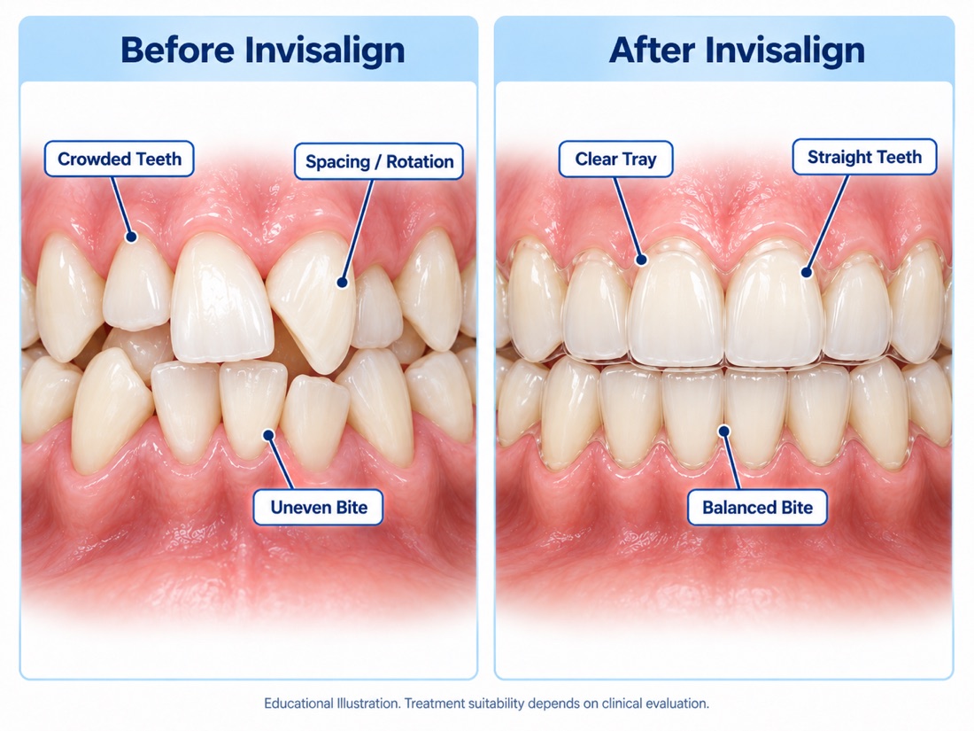 Illustration: teeth before and after Invisalign