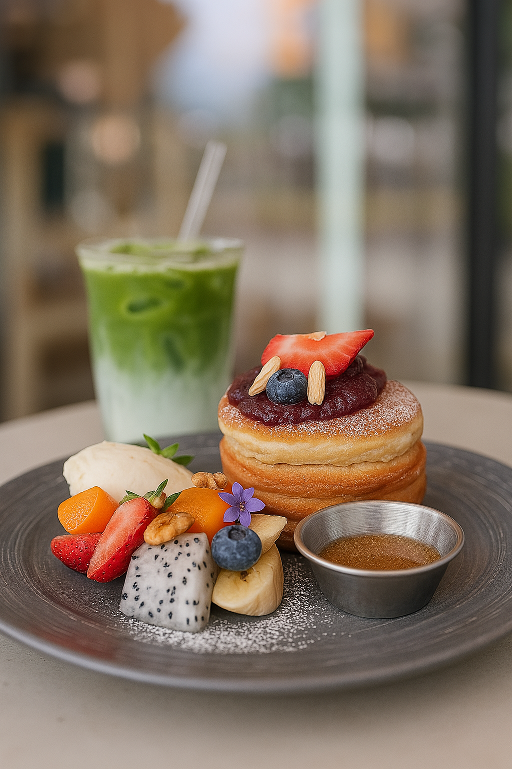Pancake and fruits with Matcha Drink at Skosh