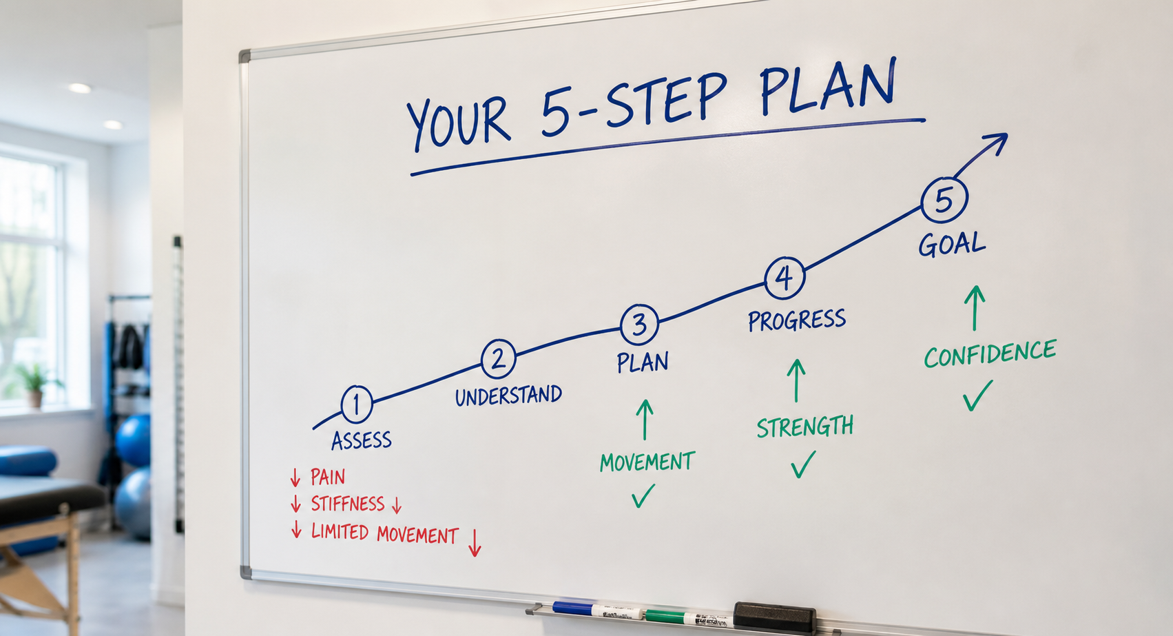 Whiteboard showing a five-step rehabilitation plan progressing towards a goal