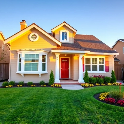 Exterior of a renovated house in Folsom CA with vibrant paint, white trim, landscaped yard, and a blue sky.