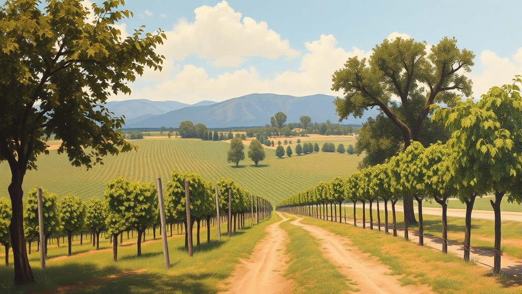Painting in Vineyard, CA showcasing colorful landscapes and grapevines under a bright blue sky.