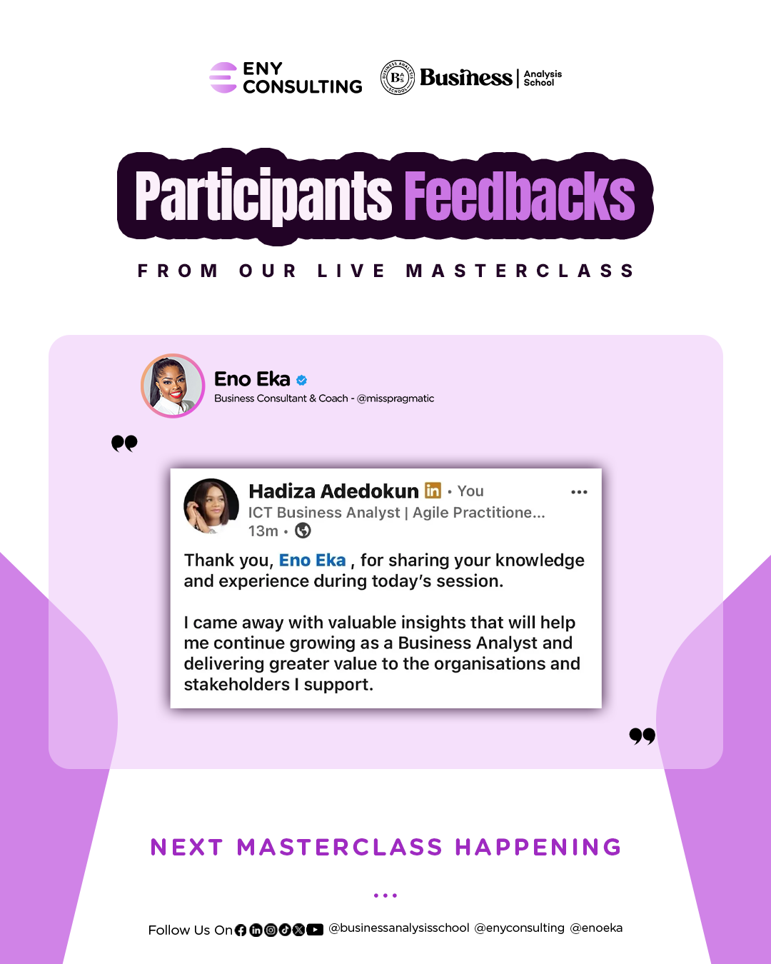 Masterclass testimonial — Hadiza Adedokun · ICT Business Analyst