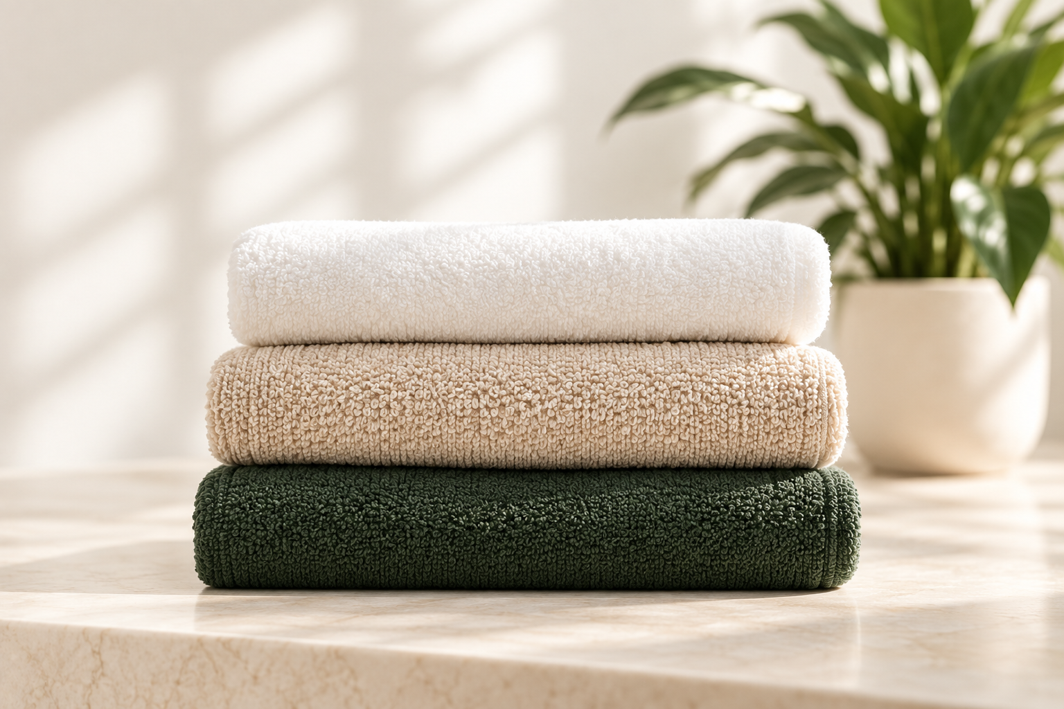 Freshly folded white, beige and forest green towels