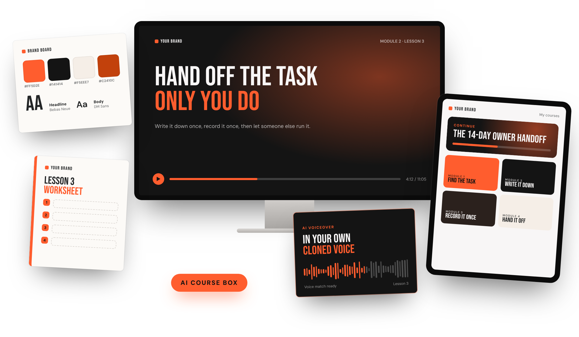 AI Course Box: branded lesson slides next to a member area