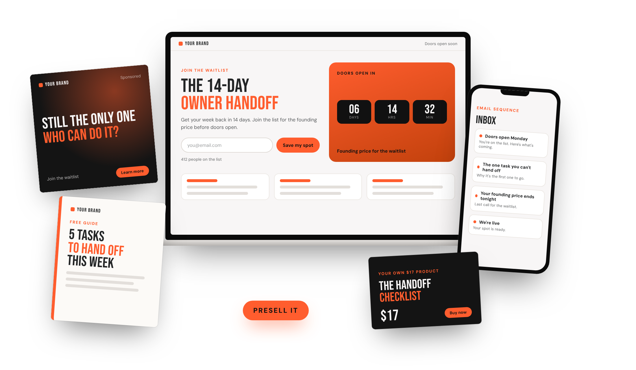 Presell It: a landing page and waitlist signup on phone and laptop