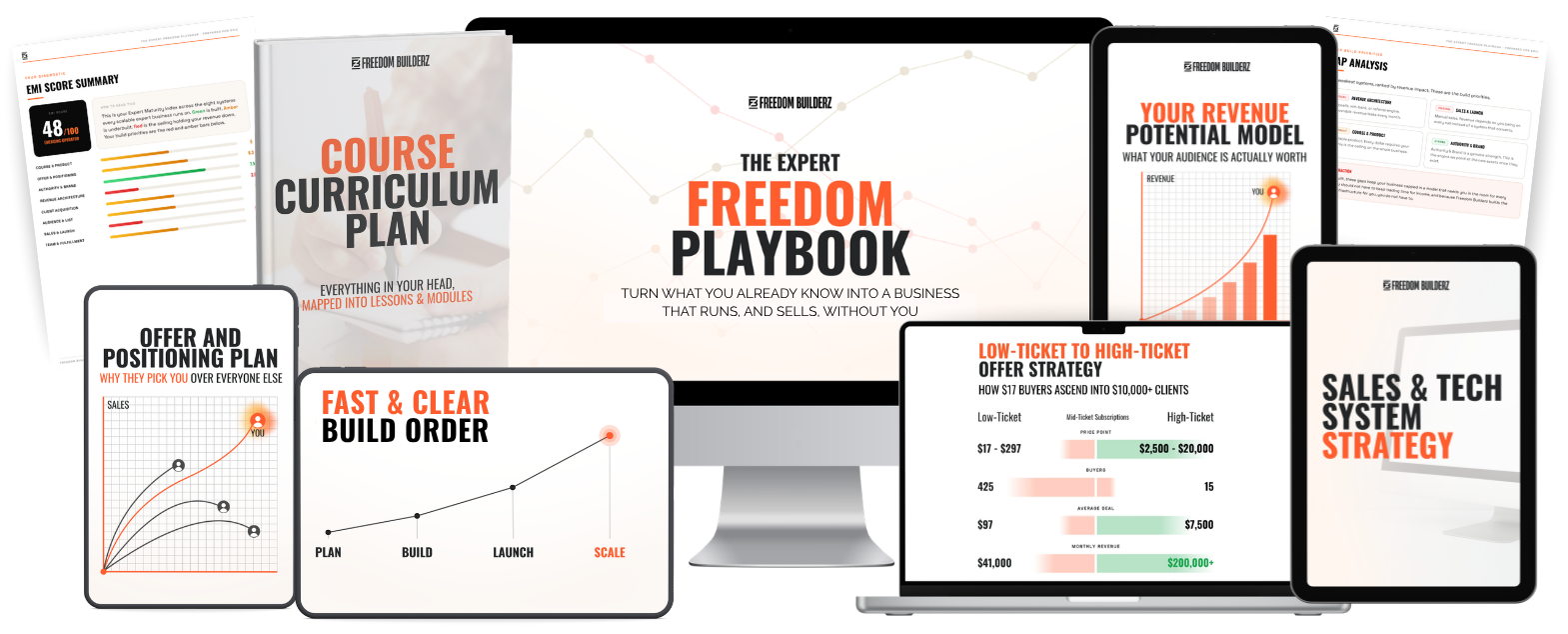 The Expert Freedom Playbook: full product spread including EMI Score Summary, Revenue Left On The Table, Course Planning Map, Sales and Marketing Plan, Gap Analysis, 90-Day Build Plan, and more
