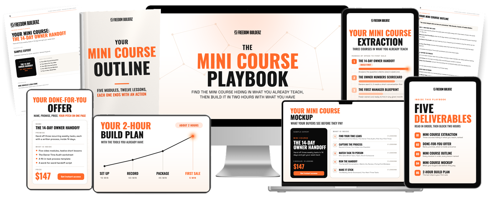 The Mini Course Playbook on every screen: the cover, your mini course extraction, your done-for-you offer, your mini course outline, your mini course mockup and your 2-hour build plan.
