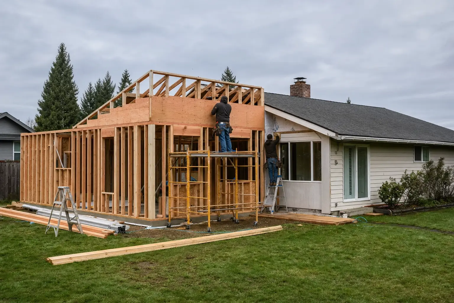 Home addition framing Salem OR — room addition attached to existing ranch home