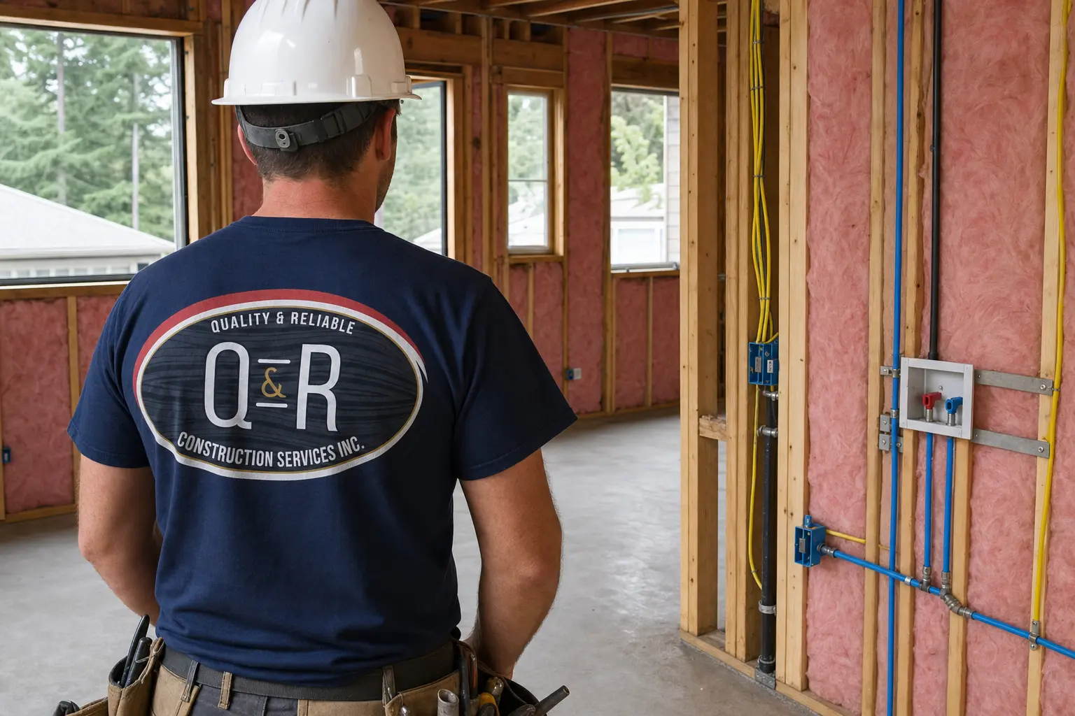 Full gut renovation Salem OR — Q&R Construction worker with logo shirt surveying stripped room