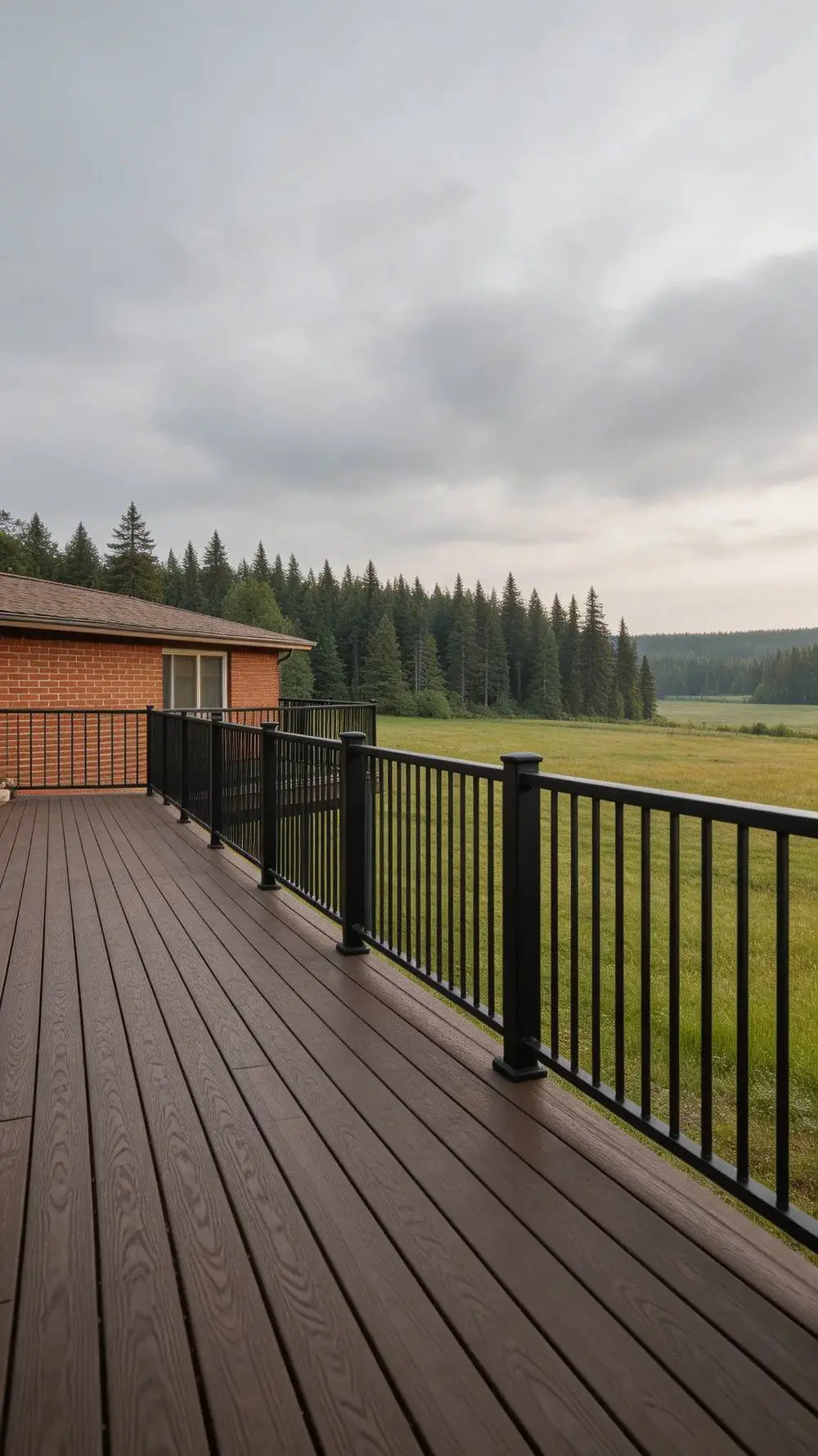 Composite deck with black aluminum railing overlooking open field and forest — Salem OR deck builder Q&R Construction