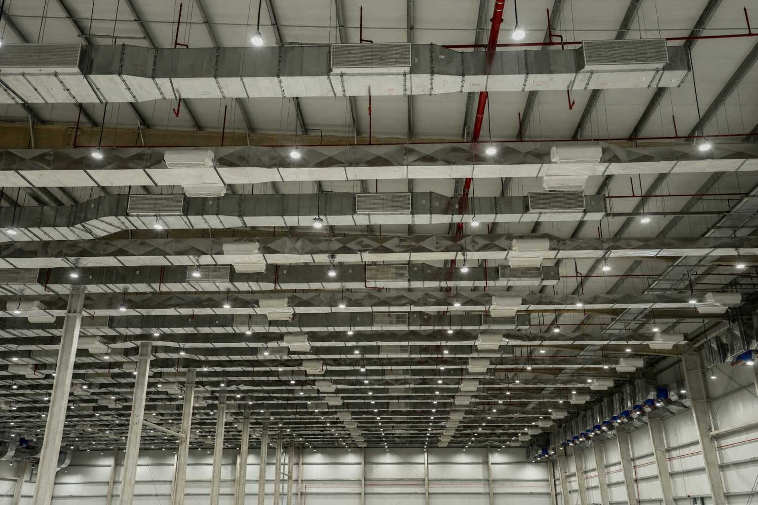 Overhead cable tray and ductwork management system installed in a warehouse ceiling