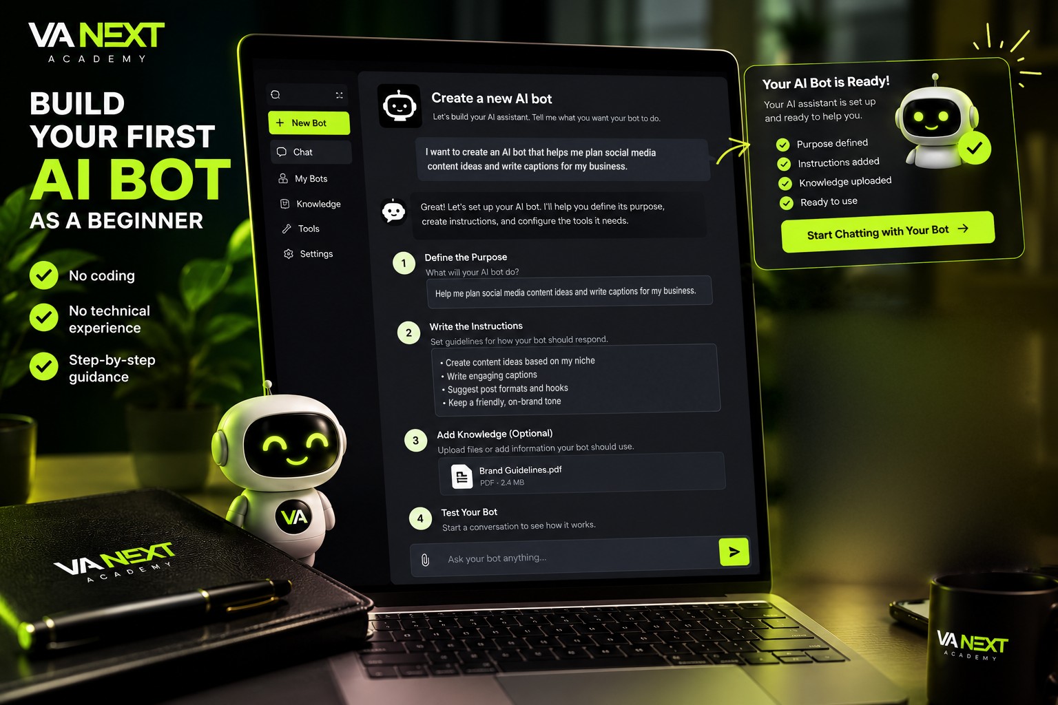 Step-by-step AI bot setup: purpose, instructions, knowledge, testing