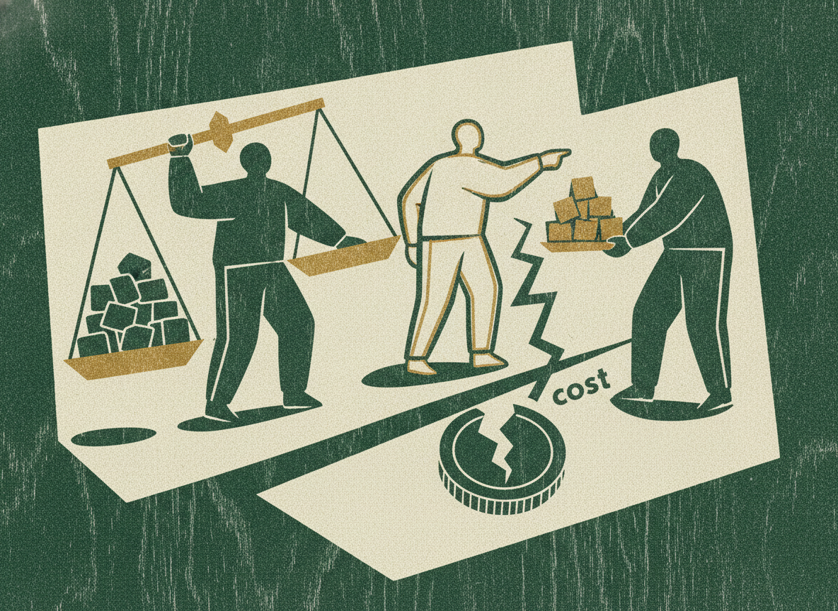 Woodcut illustration representing the real cost comparison.