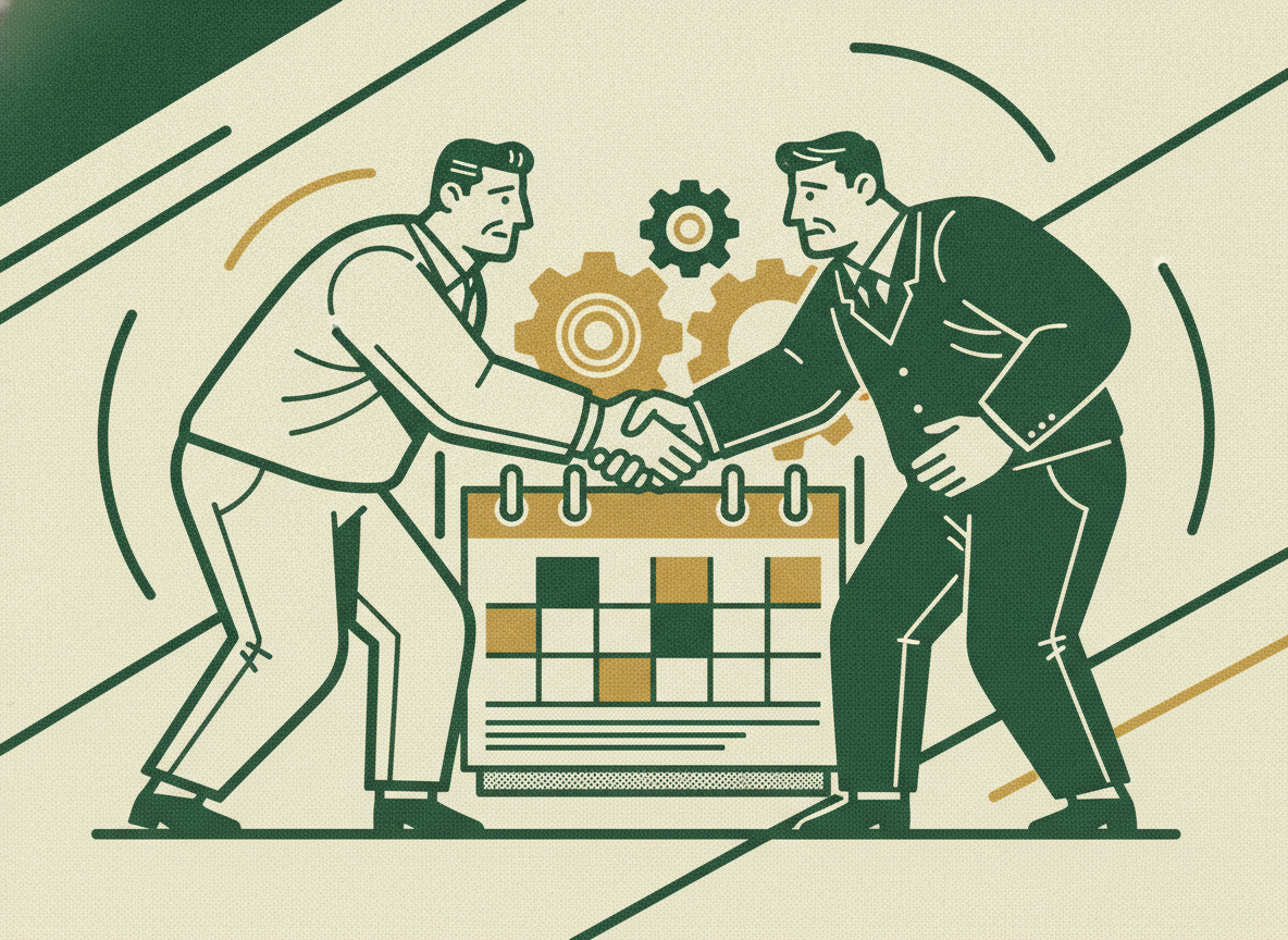 Two figures shake hands over a calendar showing extended payment terms.