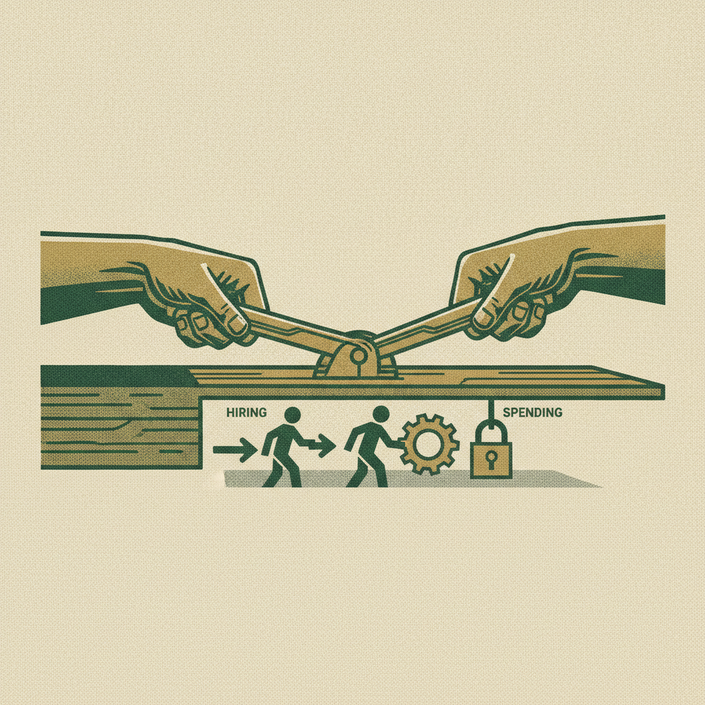 Woodcut of hands pulling control levers that lengthen a runway plank, showing fast levers that extend cash runway.