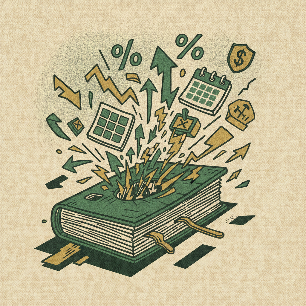 A crumbling annual budget binder surrounded by volatile market forces that render a static plan obsolete by spring.