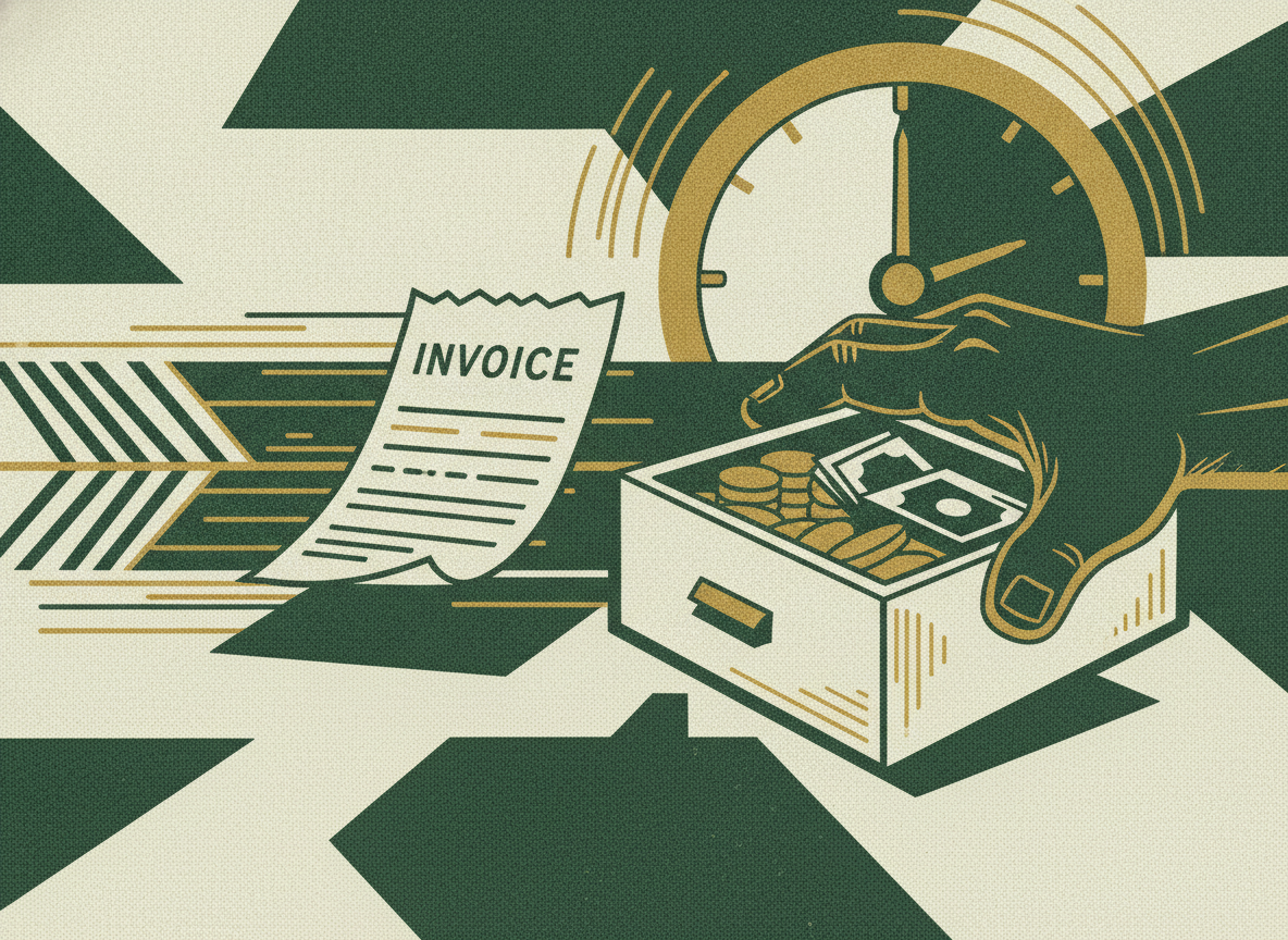 An invoice pulled quickly toward a cash drawer along a shortening timeline.