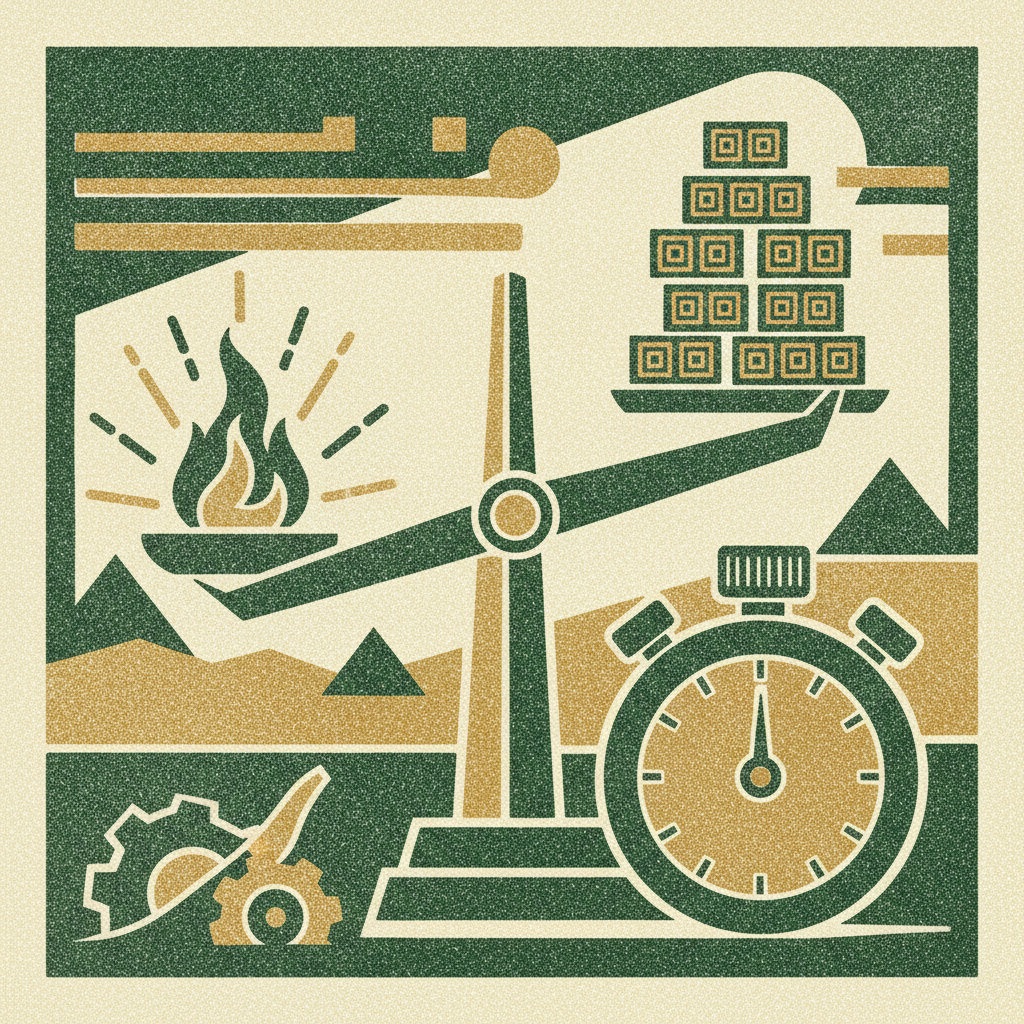 A woodcut balance scale weighing a burn flame against a stack of recurring revenue blocks beside a stopwatch, depicting burn multiple and CAC payback.