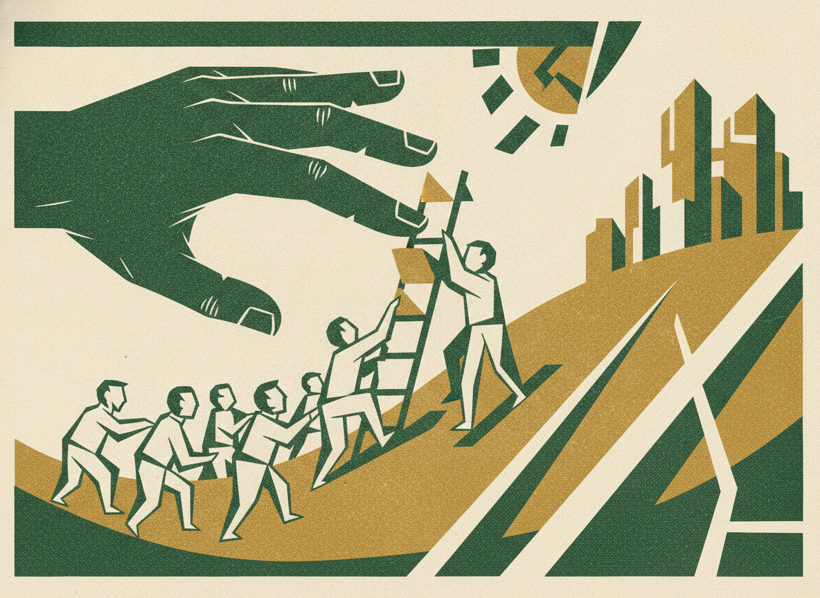 Woodcut illustration representing start from margin, not from the market.