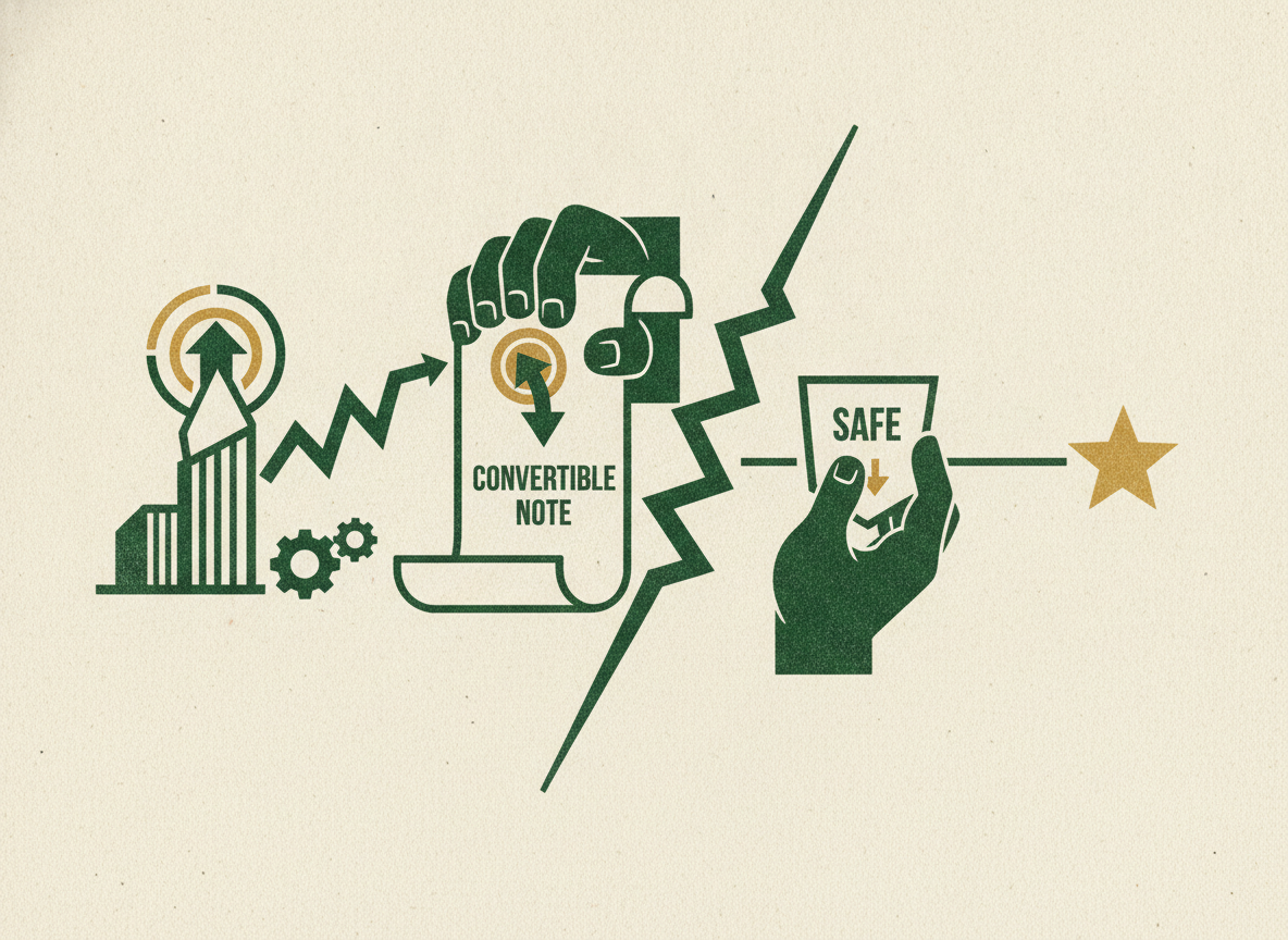 Woodcut illustration representing what a convertible note is (and how it differs from a safe).