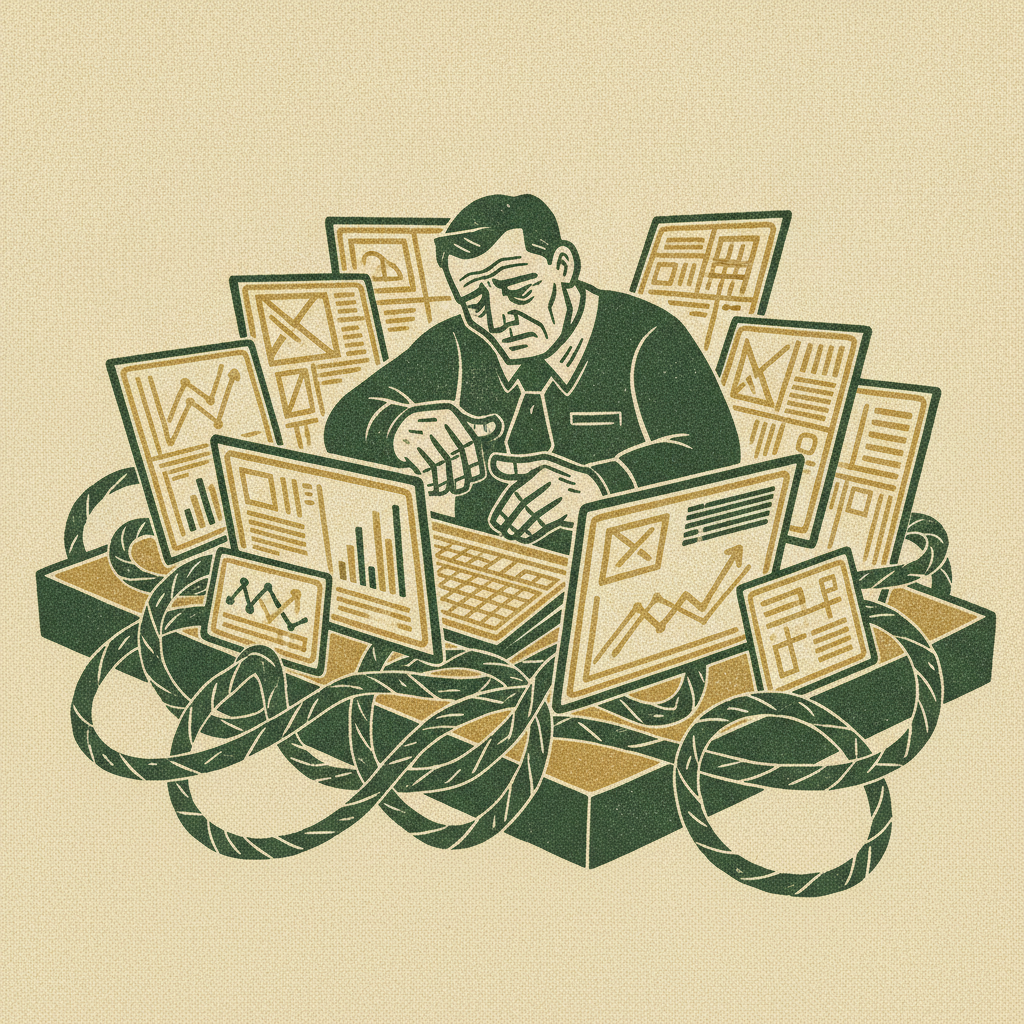 Woodcut of a cluttered desk buried under overlapping tool panels and tangled cables while a finance worker reconciles by hand, showing the hidden cost of every added tool.