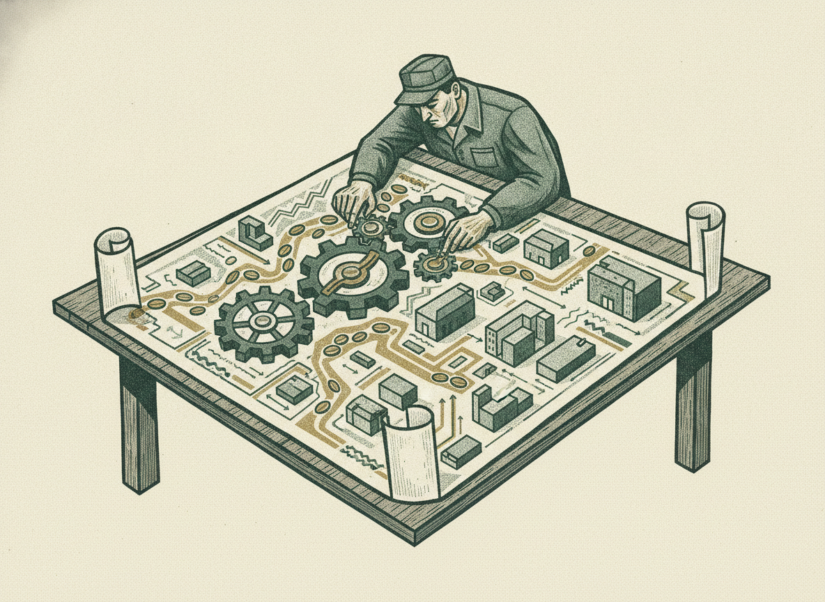 Woodcut of a figure studying a blueprint of a business mapped with gears and channels of coins.