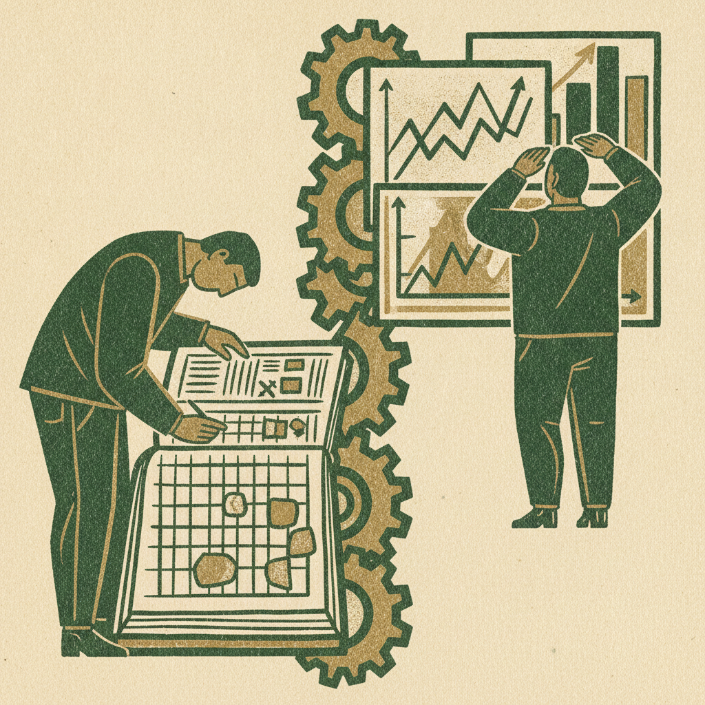 Woodcut of a heads-down controller beside a heads-up fractional CFO, divided by a line of gears.
