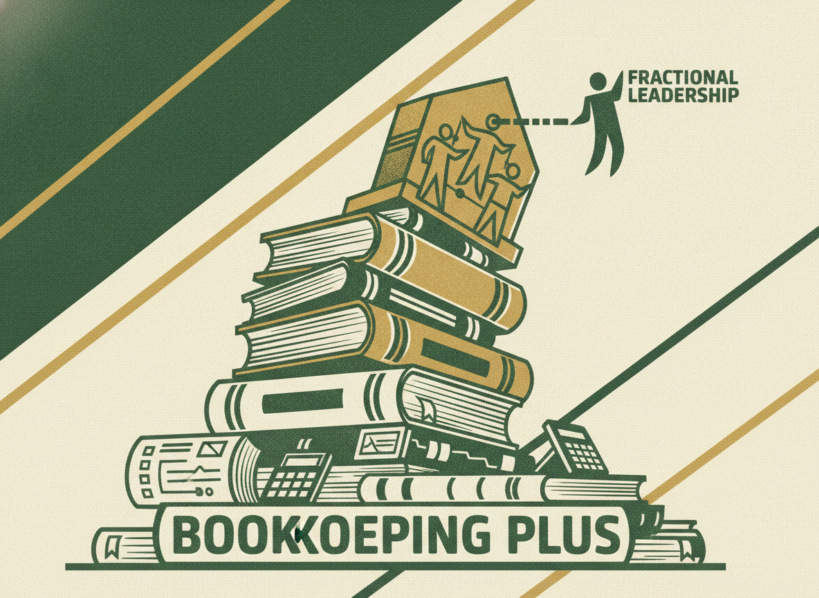 Woodcut illustration representing the outsourced stack: bookkeeping plus fractional leadership.