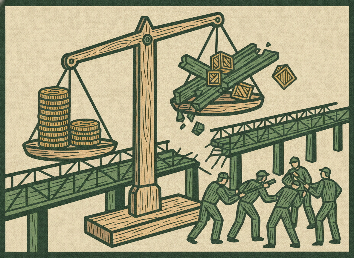 A balance scale weighing a stack of coins against a collapsed bridge while workers build a second bridge, showing redundancy sized to the risk.