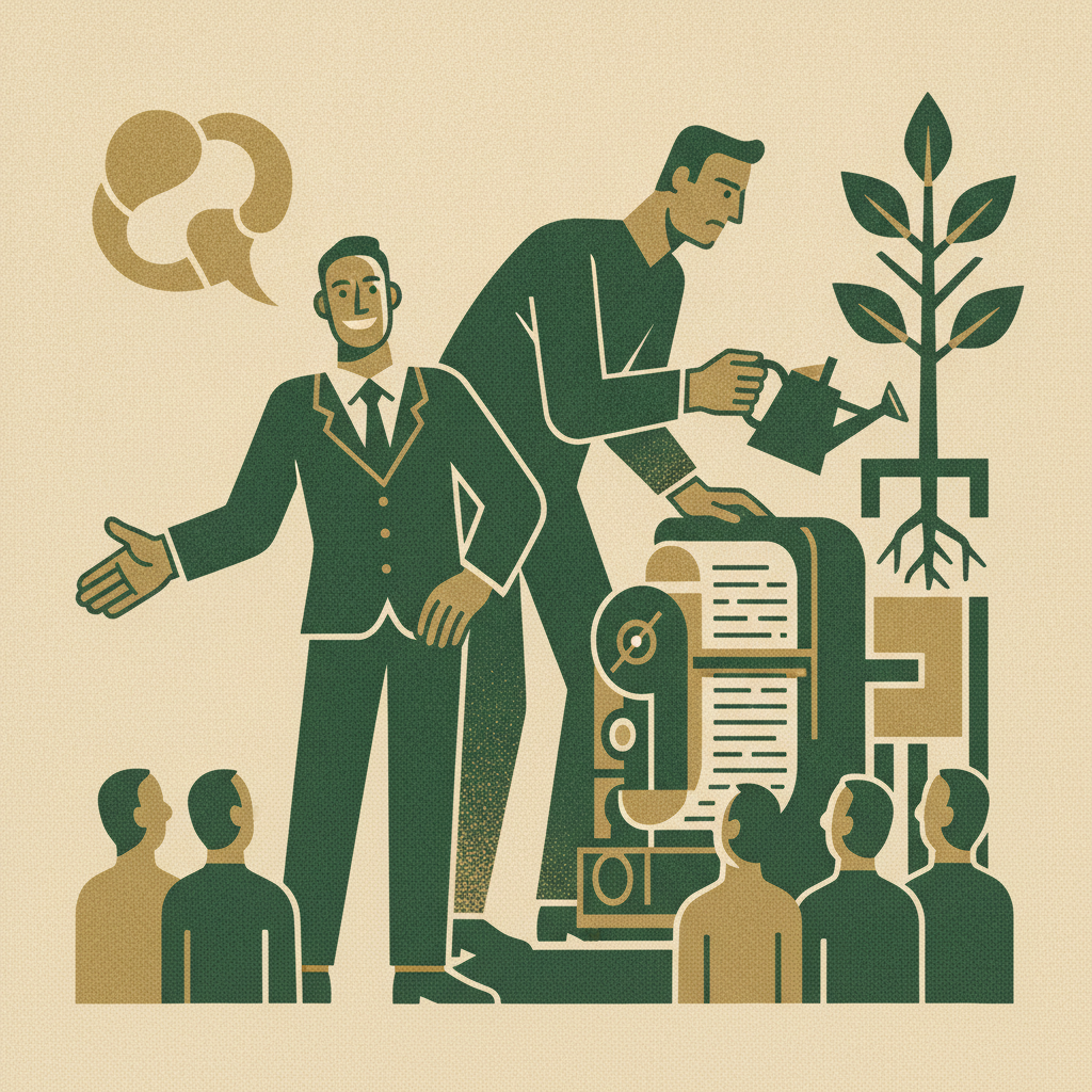 A founder pitching investors up front while an advisor keeps the business engine running behind, showing delegation that keeps the company moving during a raise.