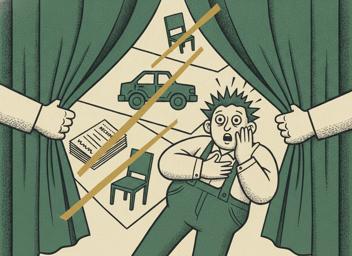 Woodcut of a startled owner as hidden add-back items are pulled from behind a curtain