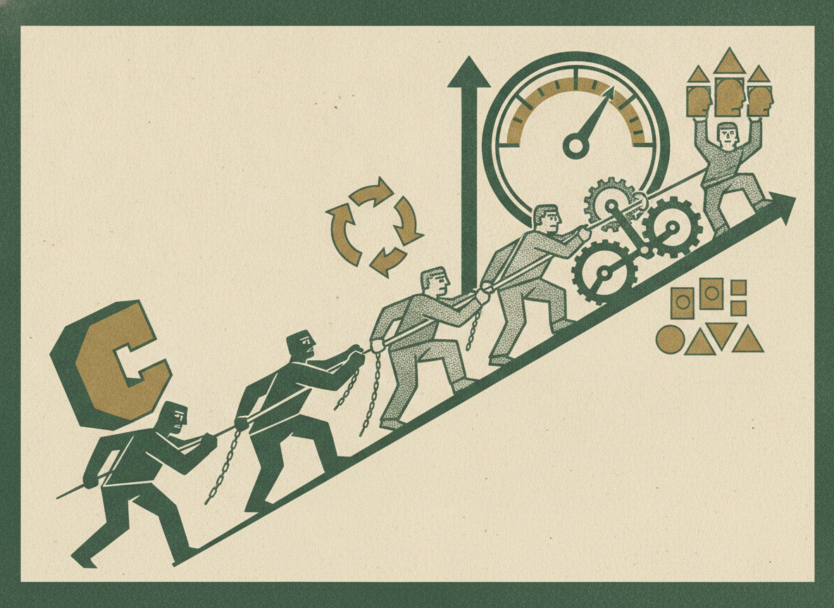 A large multiplier gauge cranked upward by figures carrying recurring revenue, a management team, and diversified customers while an anchor and a lone founder drag it down.