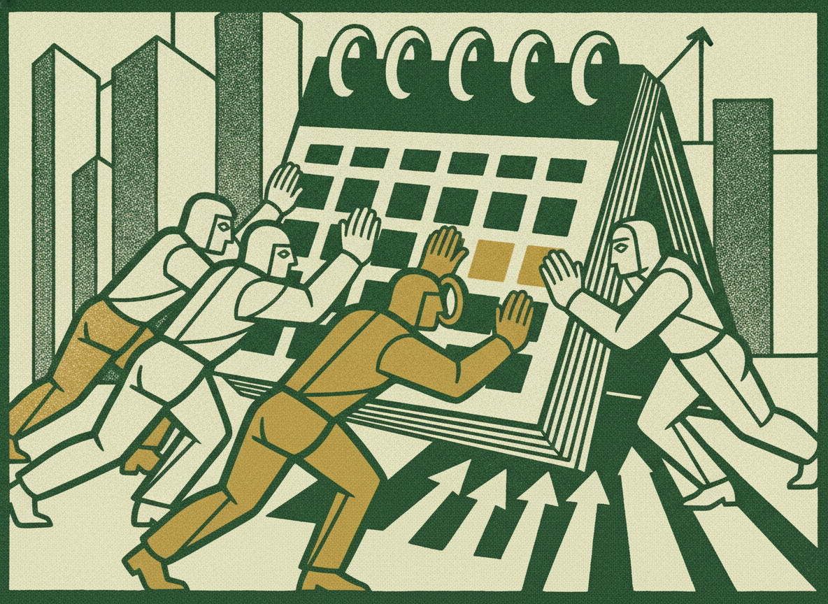 Woodcut illustration representing the calendar: when investors actually lean in.