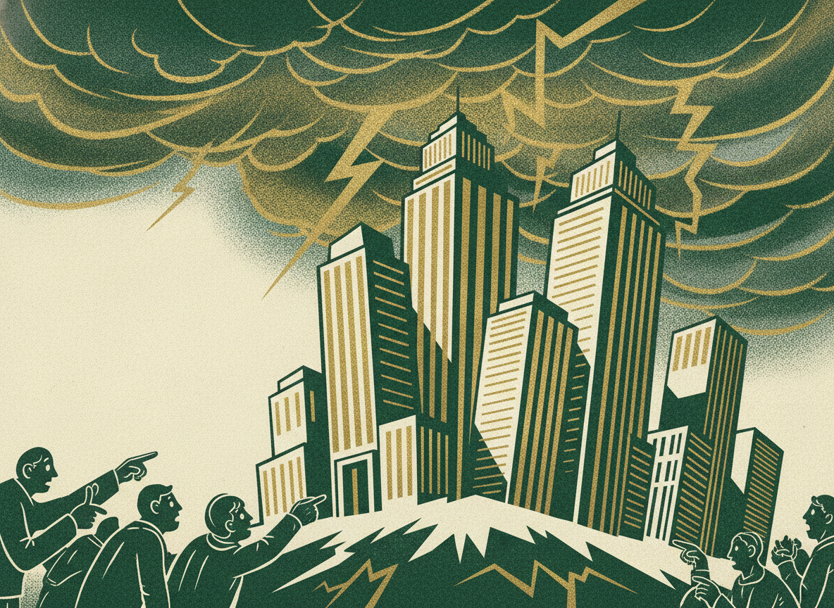 Storm clouds gather over a skyline of business towers, signaling approaching economic risk.