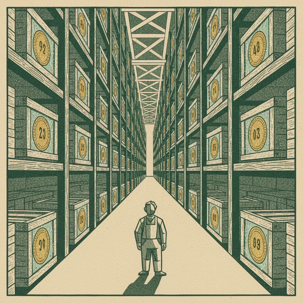 A warehouse packed with crates, each holding a frozen coin, showing inventory creep freezing cash on the shelf.