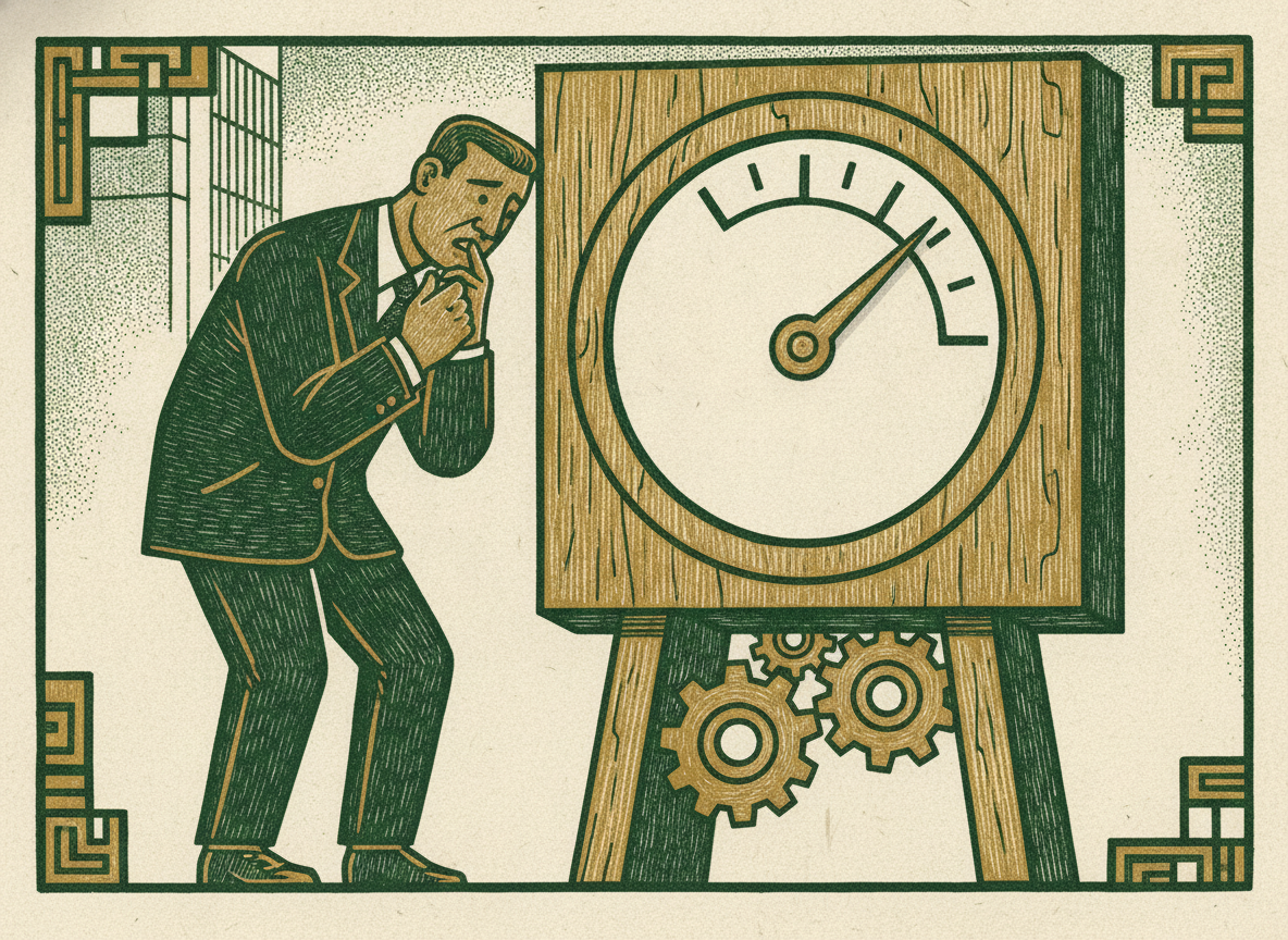 A carved gauge whose needle is driven by hidden gears while a founder studies it, showing a valuation multiple is an output not a lever.