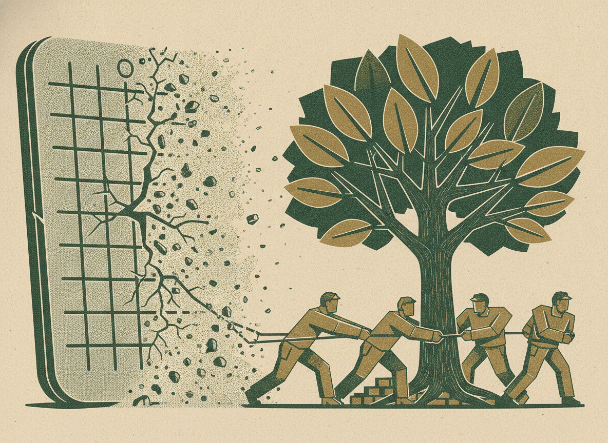 A cracked, crumbling stone ledger tablet beside a growing tree pulled forward by workers, showing a static financial model rotting as the business changes.
