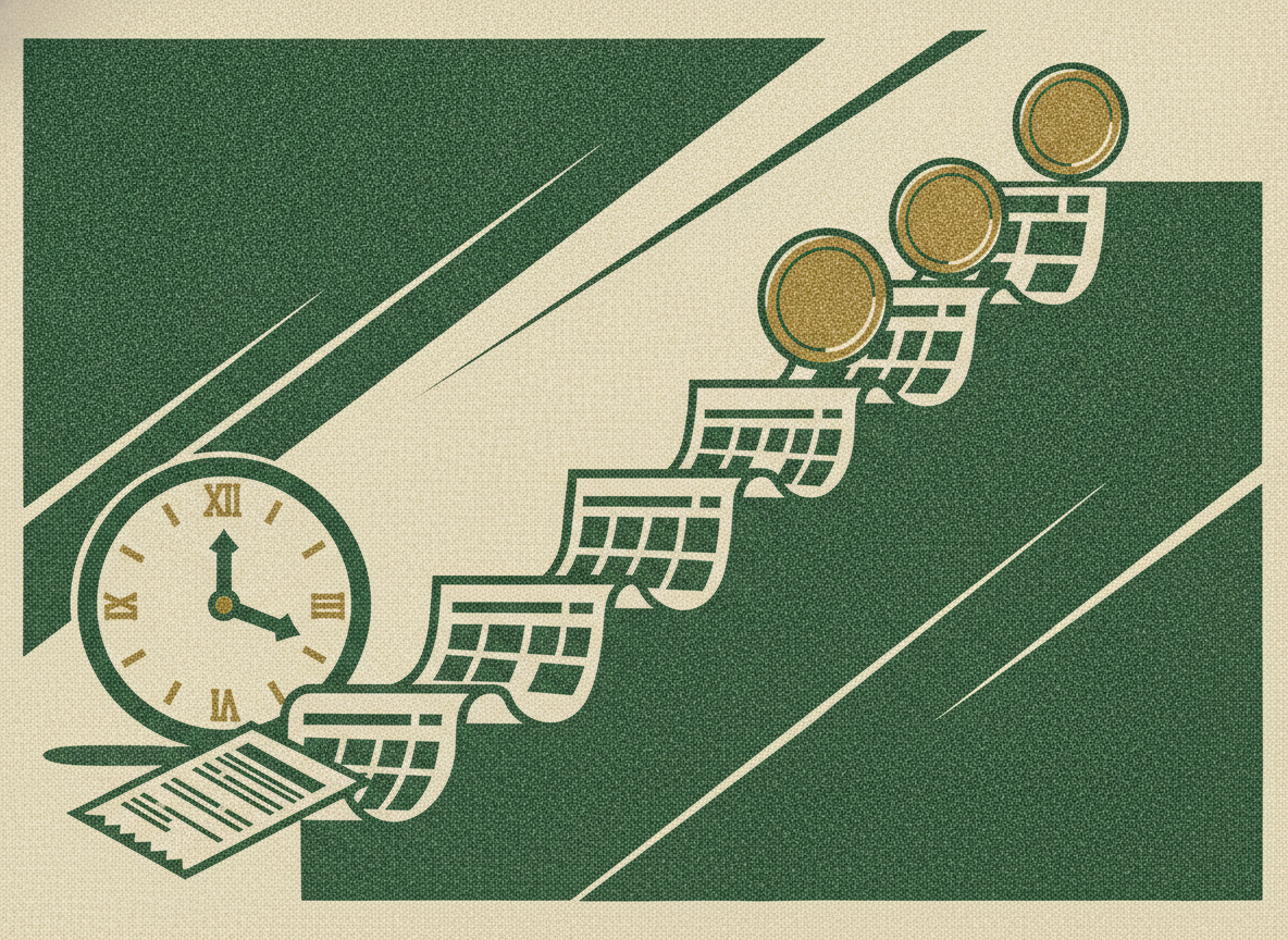 Coins landing on the later steps of a calendar staircase beside a clock, showing delayed cash timing.