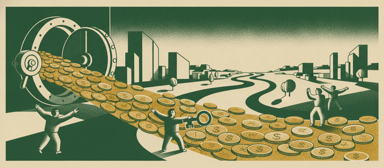 A wide panoramic river of coins flowing from an unlocked vault across a calm landscape.