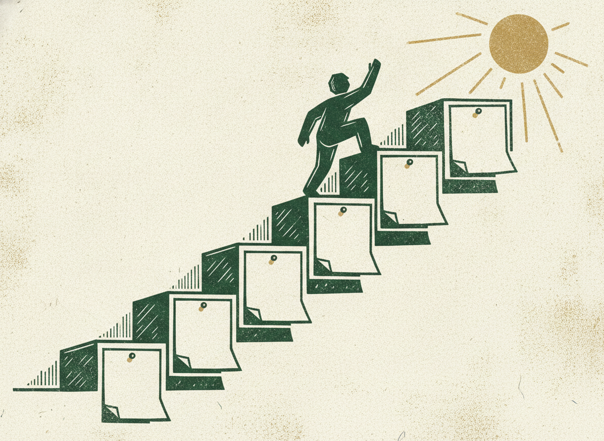A figure climbing a staircase built of chart bars with ledgers pinned to each step, showing durable growth lifting a valuation.