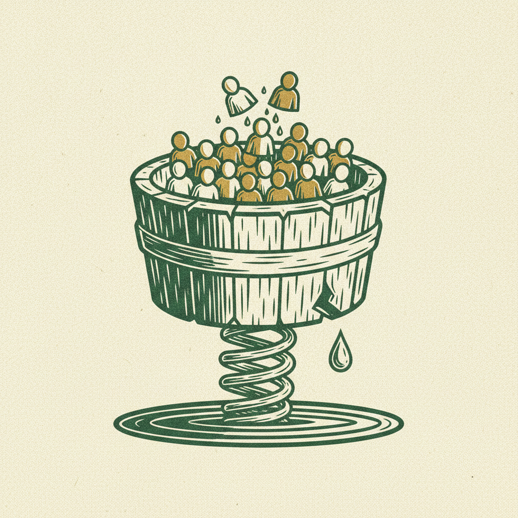 A carved bucket of customers refilling from an expansion spring while a small leak drips out, the level rising, illustrating net revenue retention.