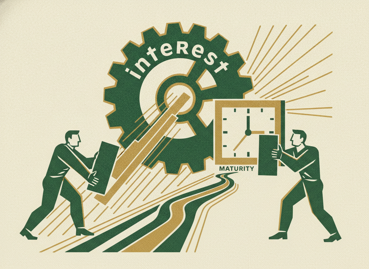 Woodcut illustration representing interest and maturity: the debt features.